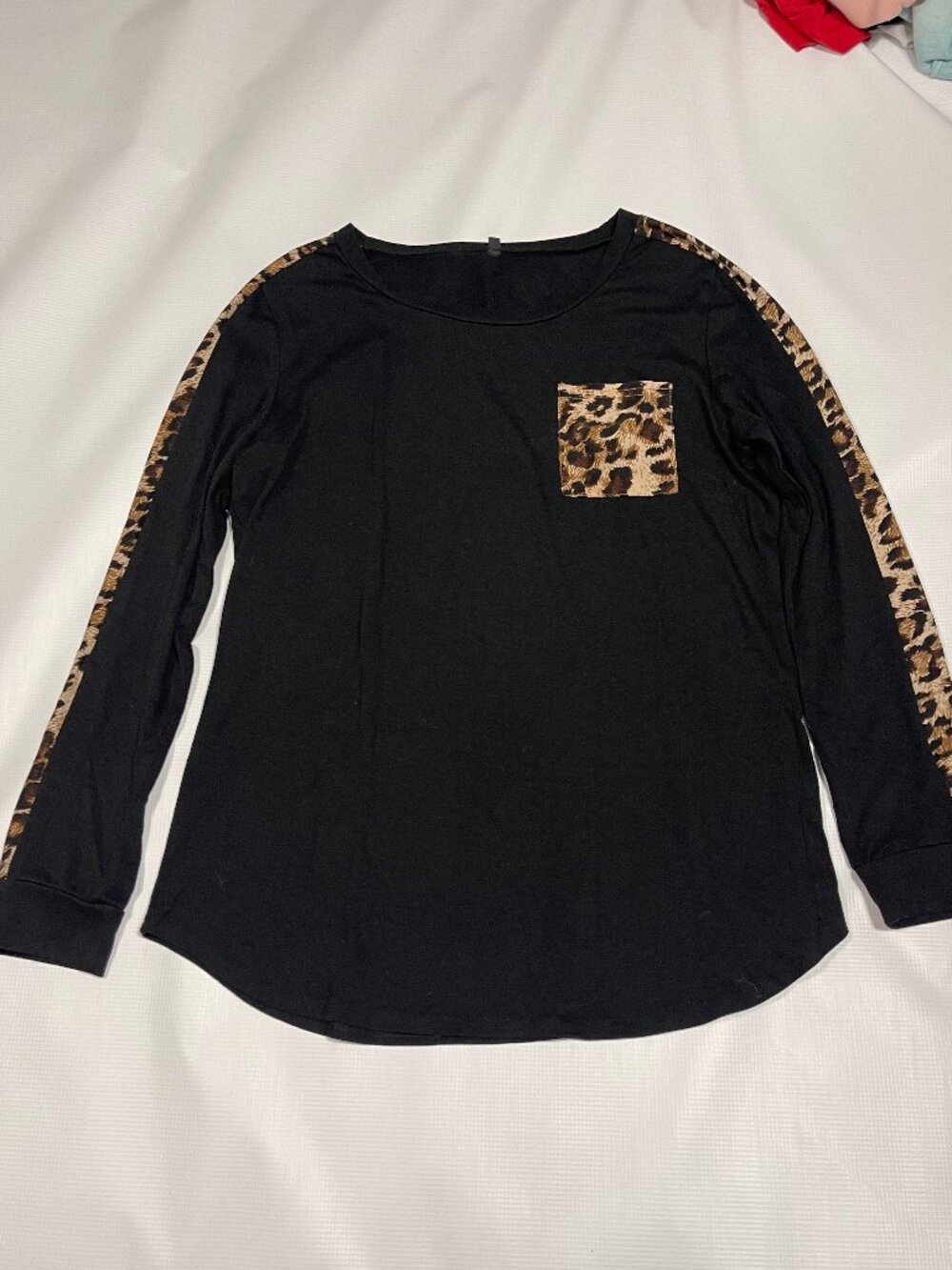 Women's Black and Leopard Print Long Sleeve Top with Chest Pocket